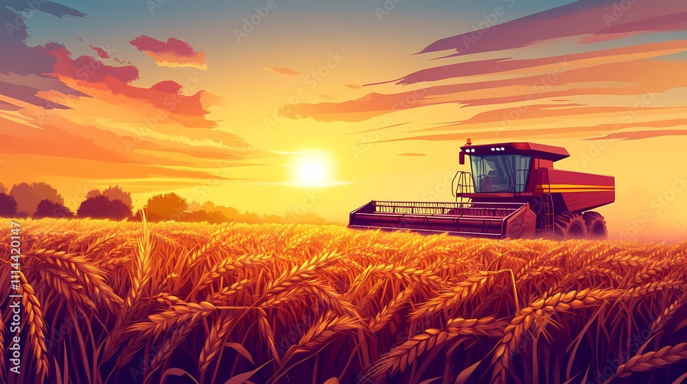 Naklejka premium A vibrant sunset casts a golden glow over a field of wheat, as a modern harvester works busily in the background.