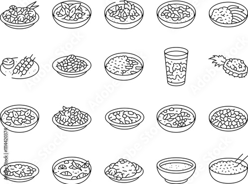 thai cuisine food asia icons set vector. curry table, various thailand, menu rice, plate delicious, som, meal, dish, cooking thai cuisine food asia black contour illustrations