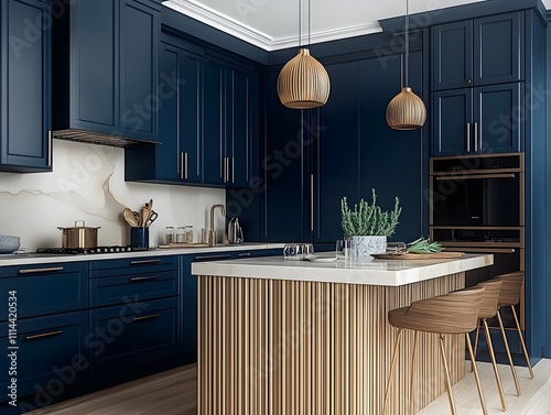 Modern Navy Blue Kitchen Design: A sophisticated kitchen design featuring sleek navy blue cabinetry, a large kitchen island with wood accents, and stylish pendant lighting. The space boasts a chic.