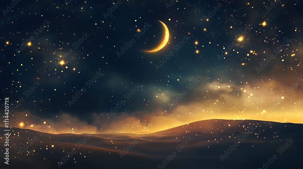 Crescent Moon Over Golden Desert Sands Under Starry Night