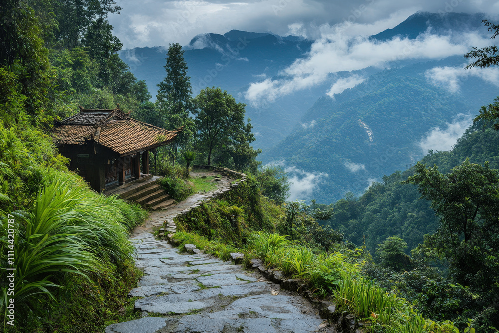 Mountain Temple Surrounded by Mist and Greenery Mountain Temple Surrounded by Mist and Greenery