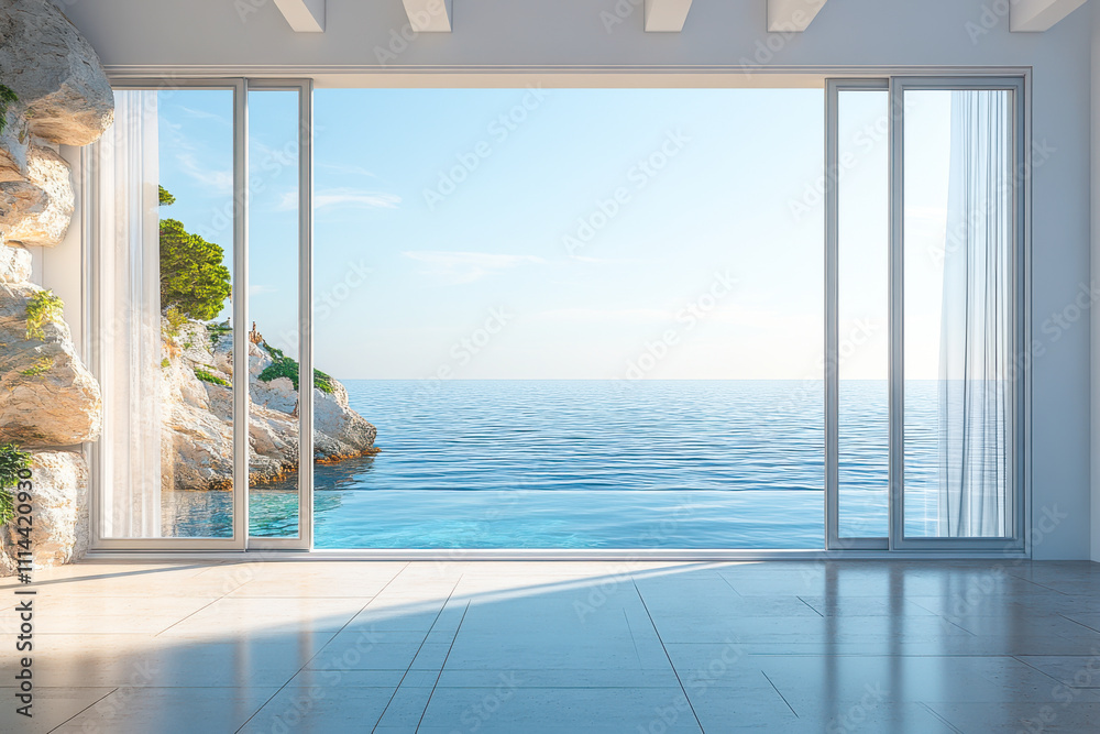 Fototapeta premium Perspective of modern luxury building with wood terrace and swimming pool on sea view background
