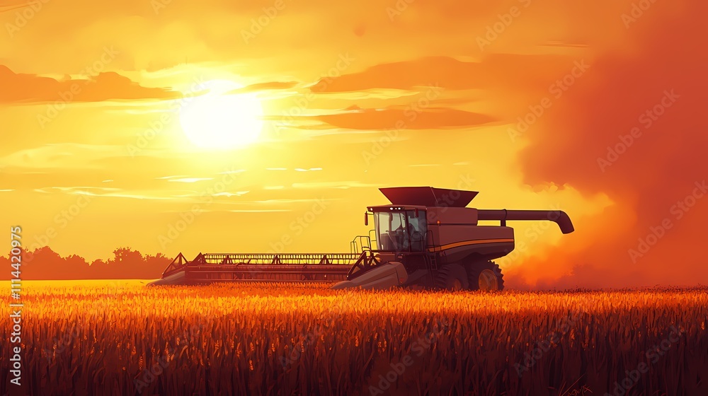Fototapeta premium A large yellow combine harvester working in a golden wheat field at sunset.