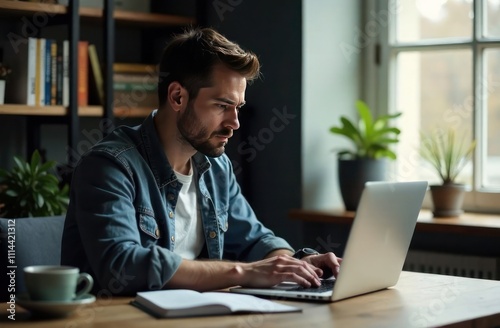 Man Focused on Work in a Cozy Home Office Setup