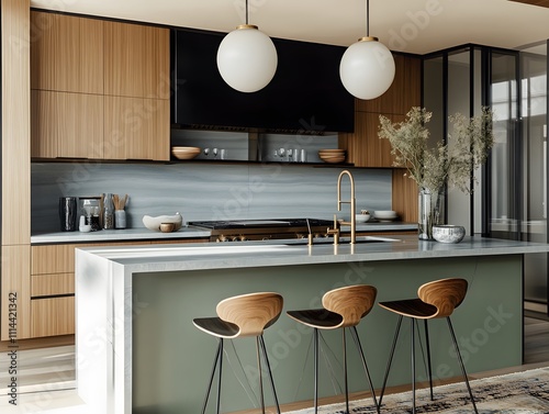 Modern Kitchen Design:  A contemporary kitchen with sleek countertops, natural wood cabinetry, and a green island, featuring stylish pendant lights and bar stools. photo