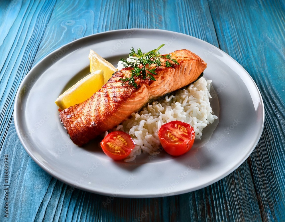 Grilled salmon and rice-french cuisine dish with tomato and salmon Grilled salmon and rice-french cuisine dish with tomato and salmon