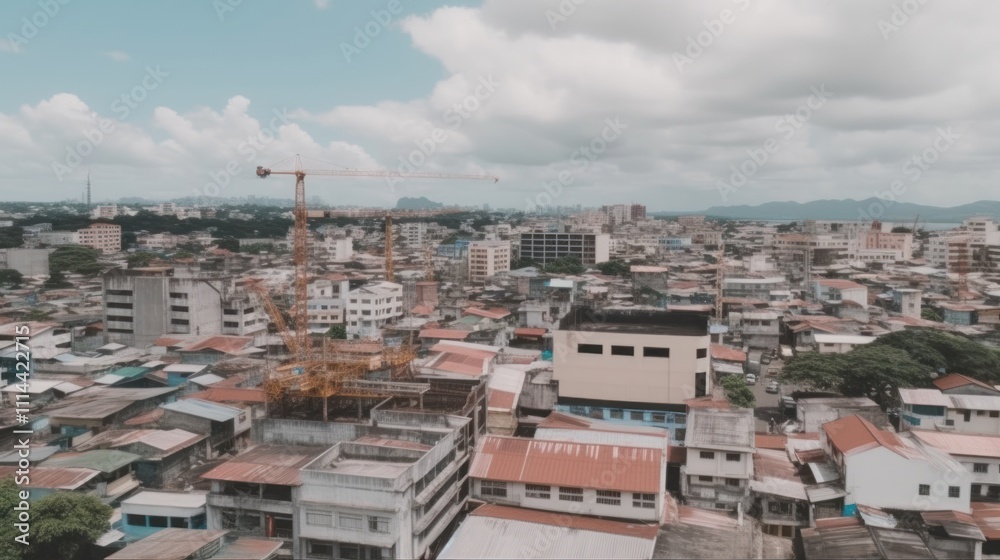 Naklejka premium Urban cityscape with construction crane, dense buildings, and rooftops.