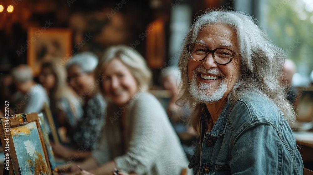 Joyful Elderly Artist Smiling in a Creative Workshop Environment Joyful Elderly Artist Smiling in a Creative Workshop Environment