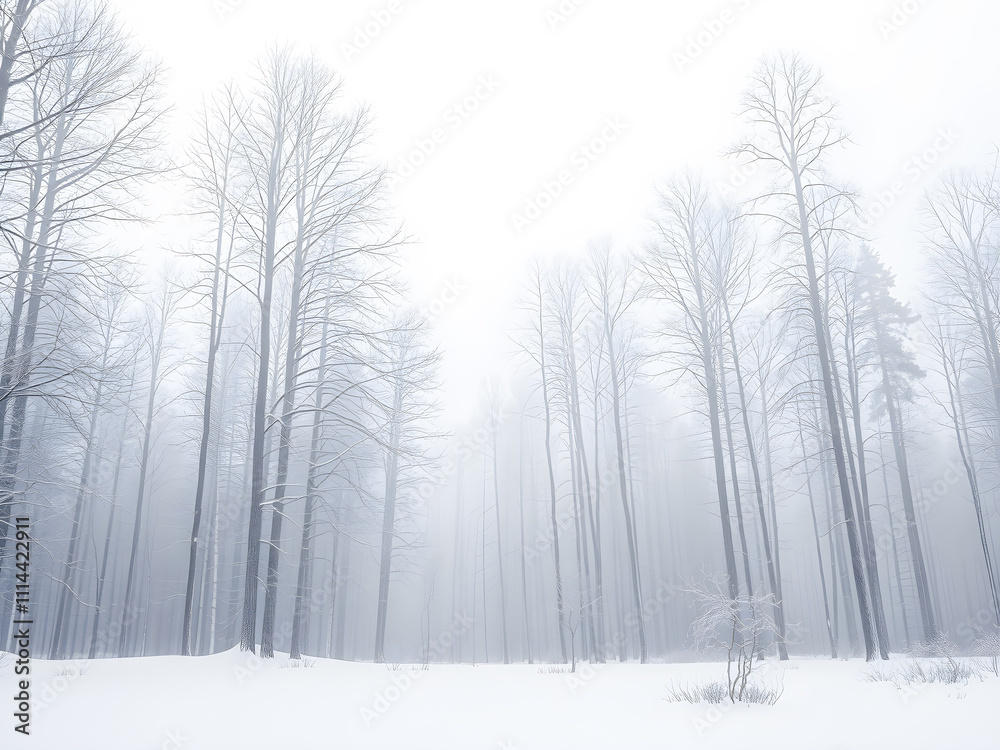 Fototapeta premium Foggy winter forest with trees covered with hoarfrost.