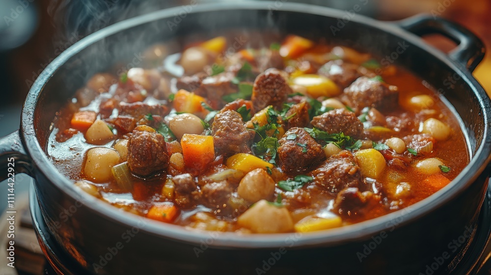 Delicious Hearty Stew with Vegetables and Meat in Black Pot Delicious Hearty Stew with Vegetables and Meat in Black Pot