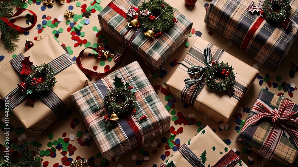 Fototapeta premium Christmas presents, gift boxes, festive decorations, holiday season, top view.
