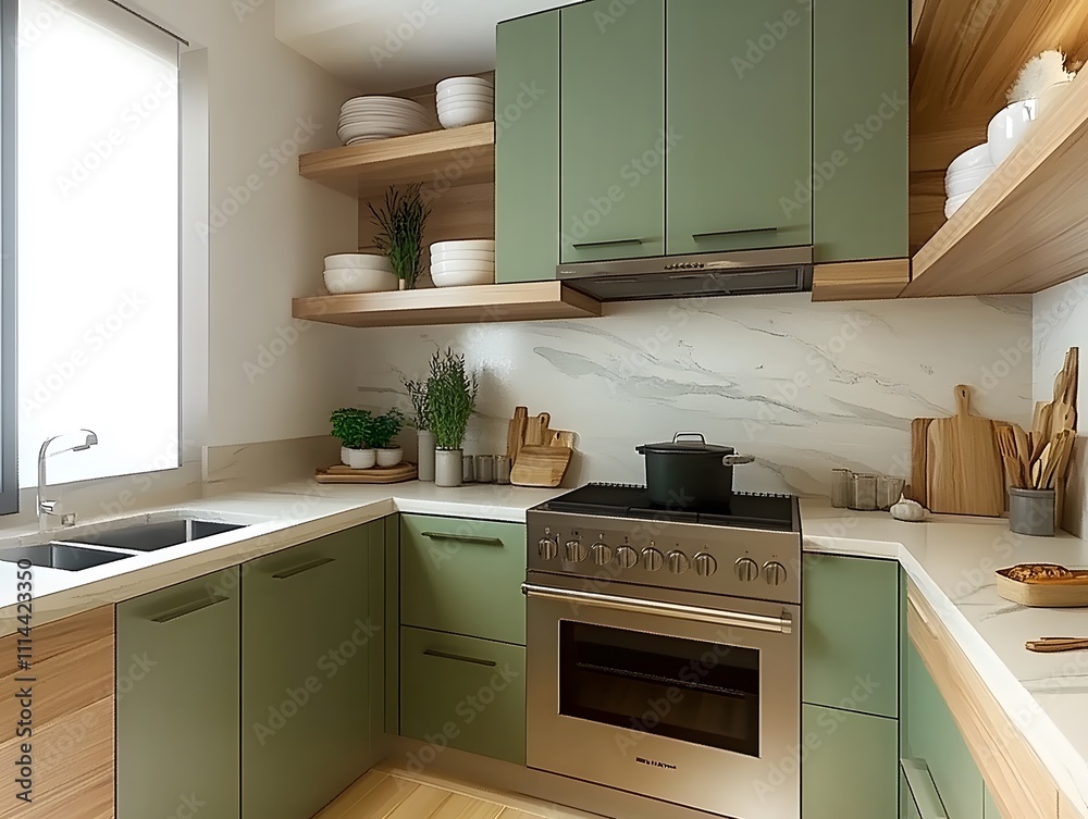 Fototapeta premium Modern Kitchen Design: Sage Green Cabinets and Natural Wood Accents 