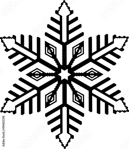 A vector image of a snowflake with a geometric symmetrical shape and sharp edges.