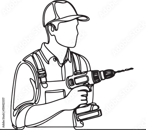 Handyman with Drill Machine: Minimalist Line Drawing of Young Professional in Uniform