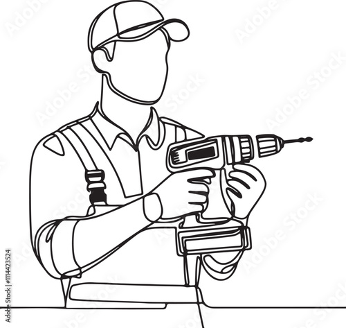 Handyman with Drill Machine: Minimalist Line Drawing of Young Professional in Uniform