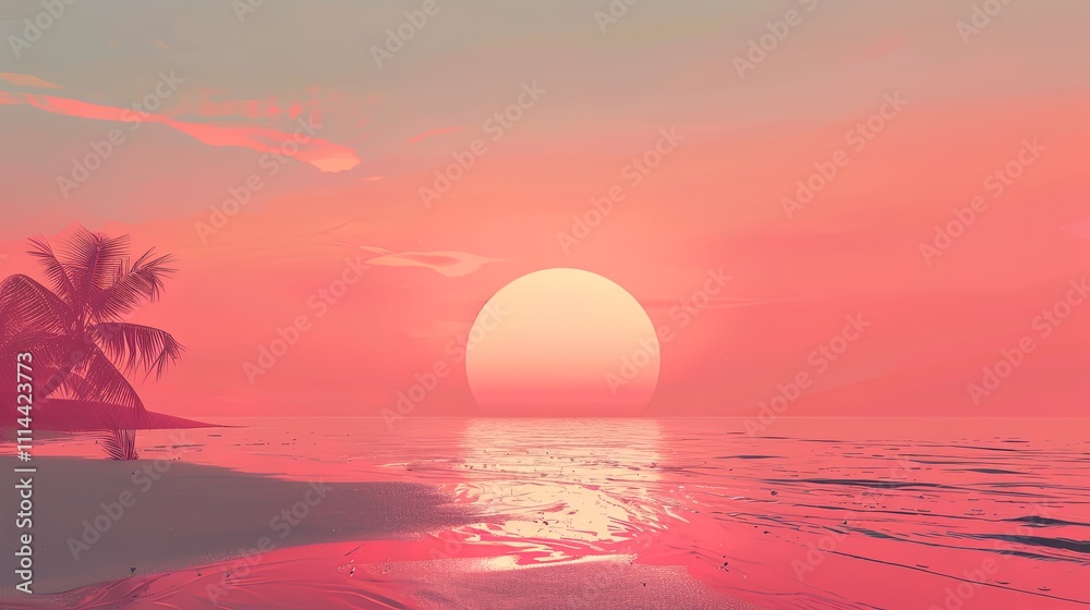 Pink Sunset Over Tropical Beach Scene With Palm Tree Pink Sunset Over Tropical Beach Scene With Palm Tree