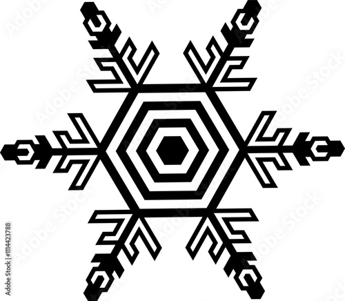 A vector image of a snowflake with a geometric symmetrical shape and sharp edges.