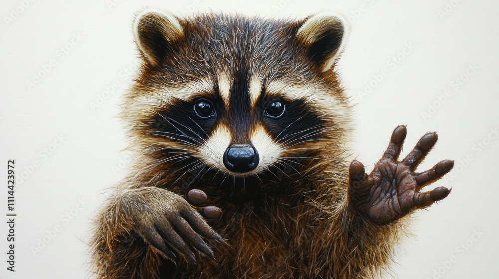 Cute raccoon waving hello, close-up portrait against white background. Cute raccoon waving hello, close-up portrait against white background.