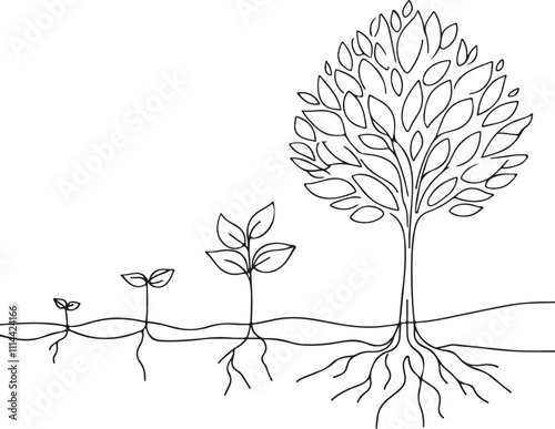 Step-by-Step Tree Growth Single Line Drawing Illustrating the Stages of Development