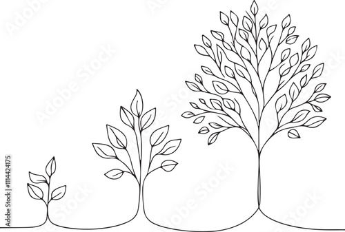 Step-by-Step Tree Growth Single Line Drawing Illustrating the Stages of Development
