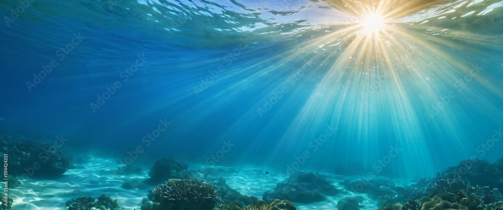 Fototapeta premium Ocean blue underwater with sun rays.