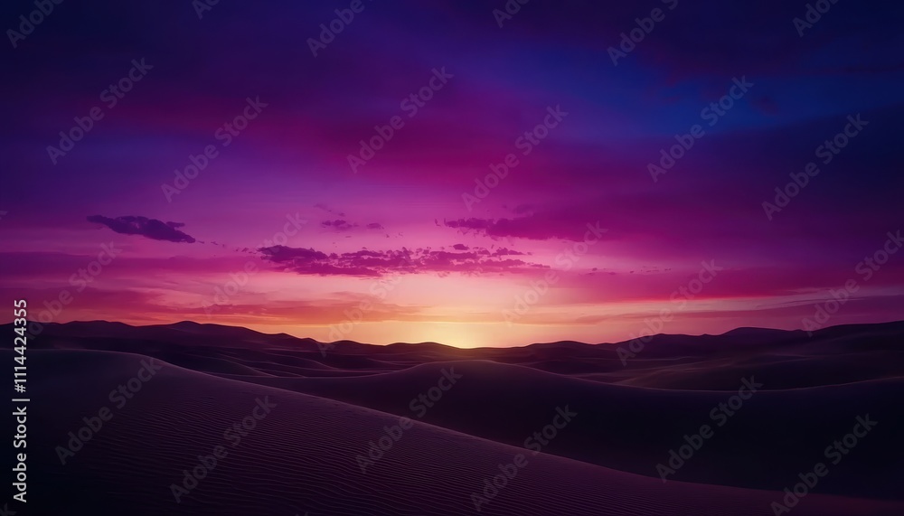 Obraz premium A vibrant sunset casts purple and blue hues over rolling sand dunes, creating a serene desert landscape filled with tranquility.