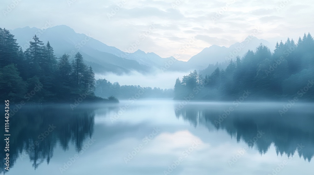 A tranquil lake surrounded by misty mountains and lush trees, creating a serene, reflective landscape at dawn. A tranquil lake surrounded by misty mountains and lush trees, creating a serene, reflective landscape at dawn.