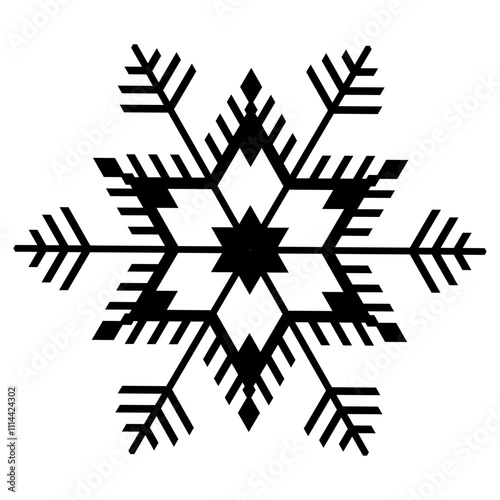A vector image of a snowflake with a geometric symmetrical shape and sharp edges.