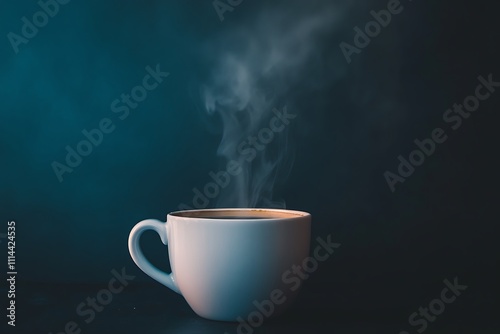 Steaming cup of hot coffee on dark background