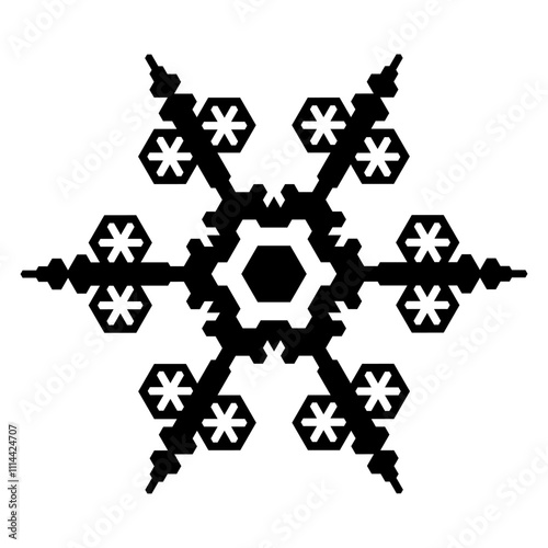 A vector image of a snowflake with a geometric symmetrical shape and sharp edges.