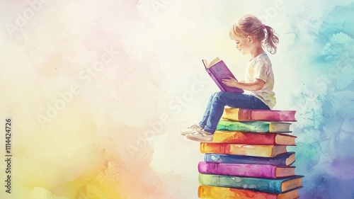 Child Reading on Stack of Colorful Books