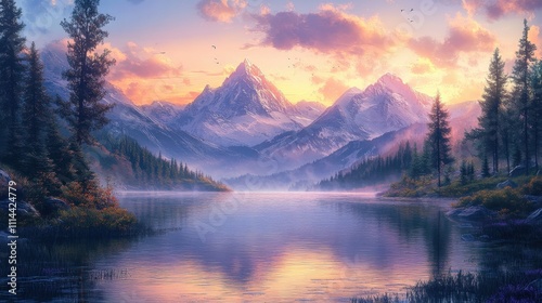 A serene landscape featuring majestic mountains reflected in a tranquil lake under a colorful sky at sunset.