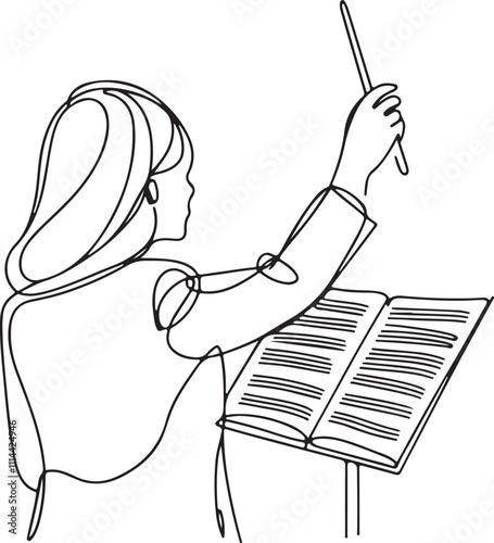 Elegant Line Art of a Music Conductor Directing with Baton and Sheet Music