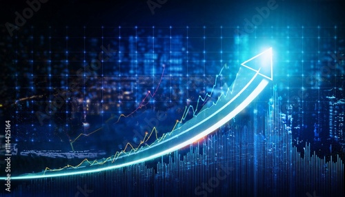 Futuristic raise arrow chart digital transformation abstract technology background, stock market and investment economy background. Futuristic raise arrow chart digital transformation abstract technol photo