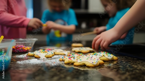Photo of a family decorating cookies together in the kitchen, with icing and sprinkles scattered across the counter.