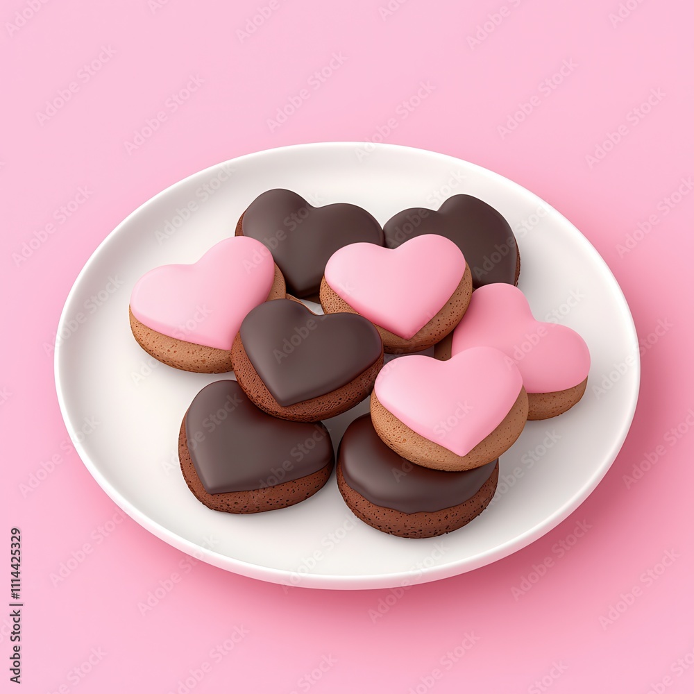 Chocolate tradition on valentines day idea. Heart-shaped cookies in pink and brown on a plate against a pink background. Chocolate tradition on valentines day idea. Heart-shaped cookies in pink and brown on a plate against a pink background.