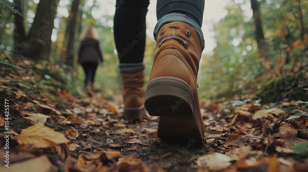 Hiking boots on autumn trail, woman walking in woods. Hiking boots on autumn trail, woman walking in woods.