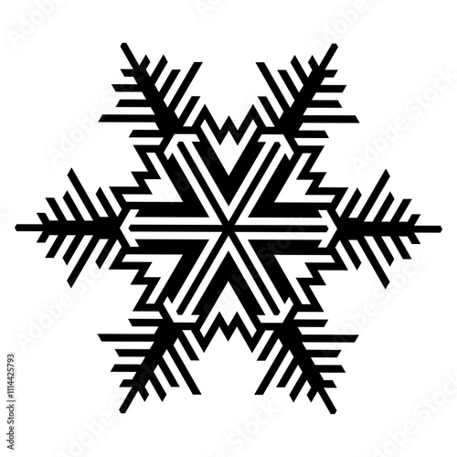 A vector image of a snowflake with a geometric symmetrical shape and sharp edges.