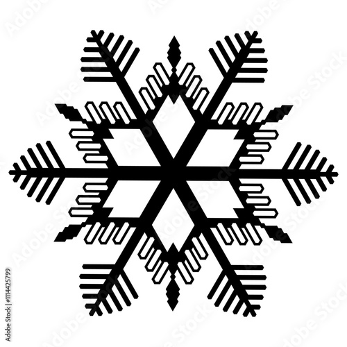 A vector image of a snowflake with a geometric symmetrical shape and sharp edges.