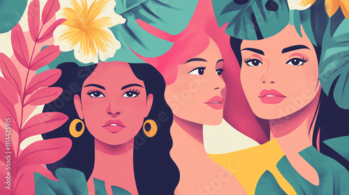 Bright illustration of three women with tropical leaves. Summer background. 