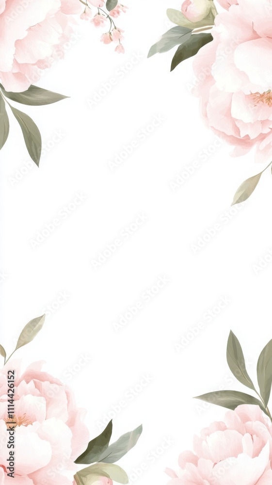 Valentine's Day menu mockup featuring a vertical floral frame of soft pink peonies and green leaves on a white background Valentine's Day menu mockup featuring a vertical floral frame of soft pink peonies and green leaves on a white background