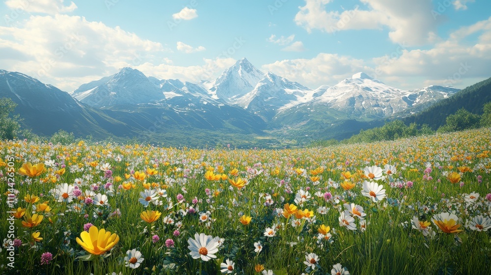Obraz premium A picturesque landscape featuring vibrant wildflowers in a lush meadow, framed by majestic snow-capped mountains under a clear blue sky.
