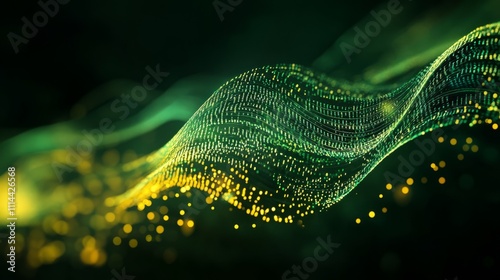 Flowing stream of binary code in green and yellow hues, representing data transfer and technology photo