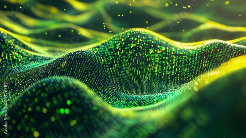 Flowing stream of binary code in green and yellow hues, representing data transfer and technology photo