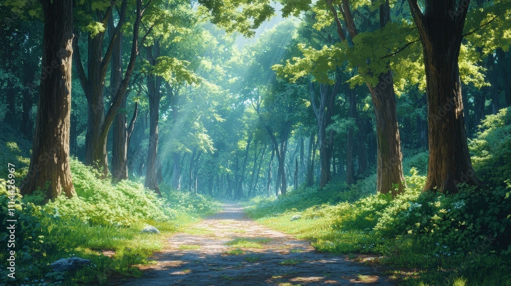 Obraz premium A serene forest pathway illuminated by dappled sunlight filtering through lush green trees.