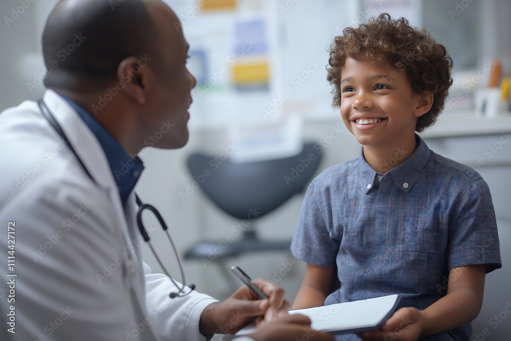 Doctor and young patient engaged in friendly conversation in clinic setting. Generative AI Doctor and young patient engaged in friendly conversation in clinic setting. Generative AI