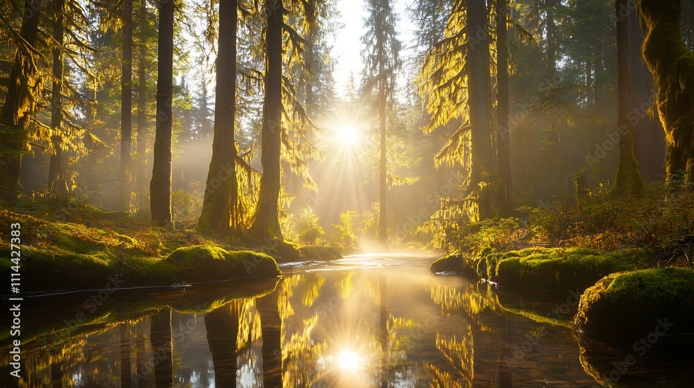 Obraz premium Sunlit Mossy Forest Stream Golden Hour Reflection