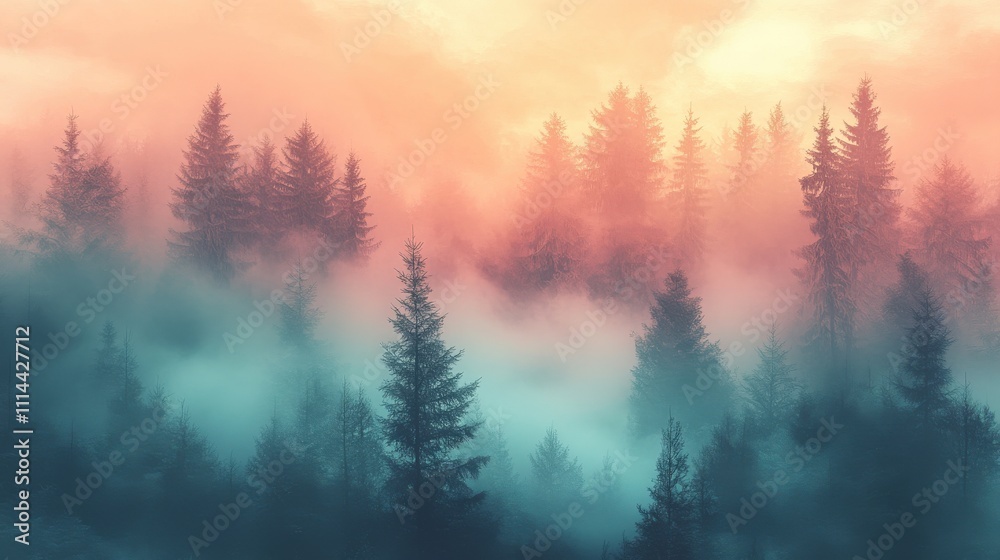 Fototapeta premium A serene forest scene at dawn, shrouded in mist with vibrant hues of orange and blue illuminating the treetops.