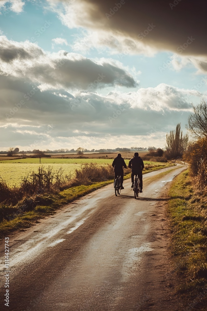 Fototapeta premium Photo of a couple taking a leisurely bike ride along a countryside road, with fields stretching into the distance.