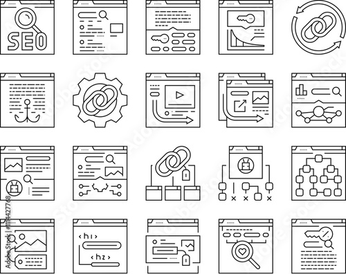 seo optimize community icons set vector. technical audit, market rank, search improve, marketing dashboard, report seo optimize community black contour illustrations